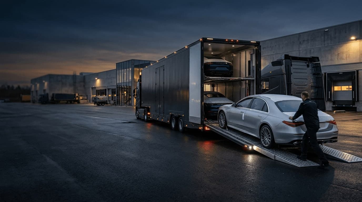 Enclosed automotive transport loading finished vehicles at an industrial facility
