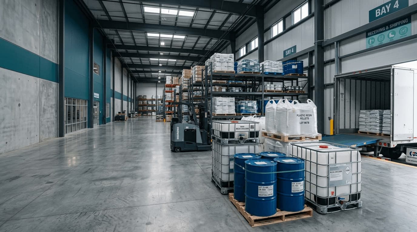 Premium chemical and plastics logistics warehouse with controlled industrial storage and loading activity