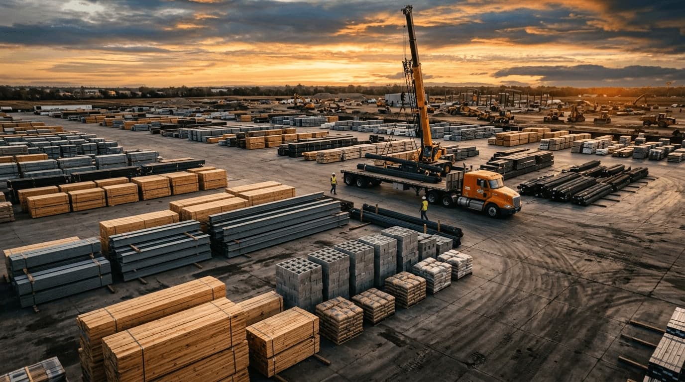 Construction materials staging yard at golden hour with lumber, steel beams, and heavy equipment loading