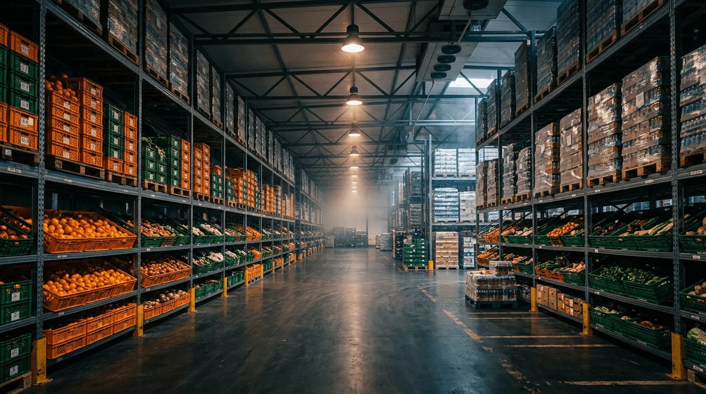 Cold-chain warehouse stocked with fresh produce crates and palletized food freight under atmospheric lighting