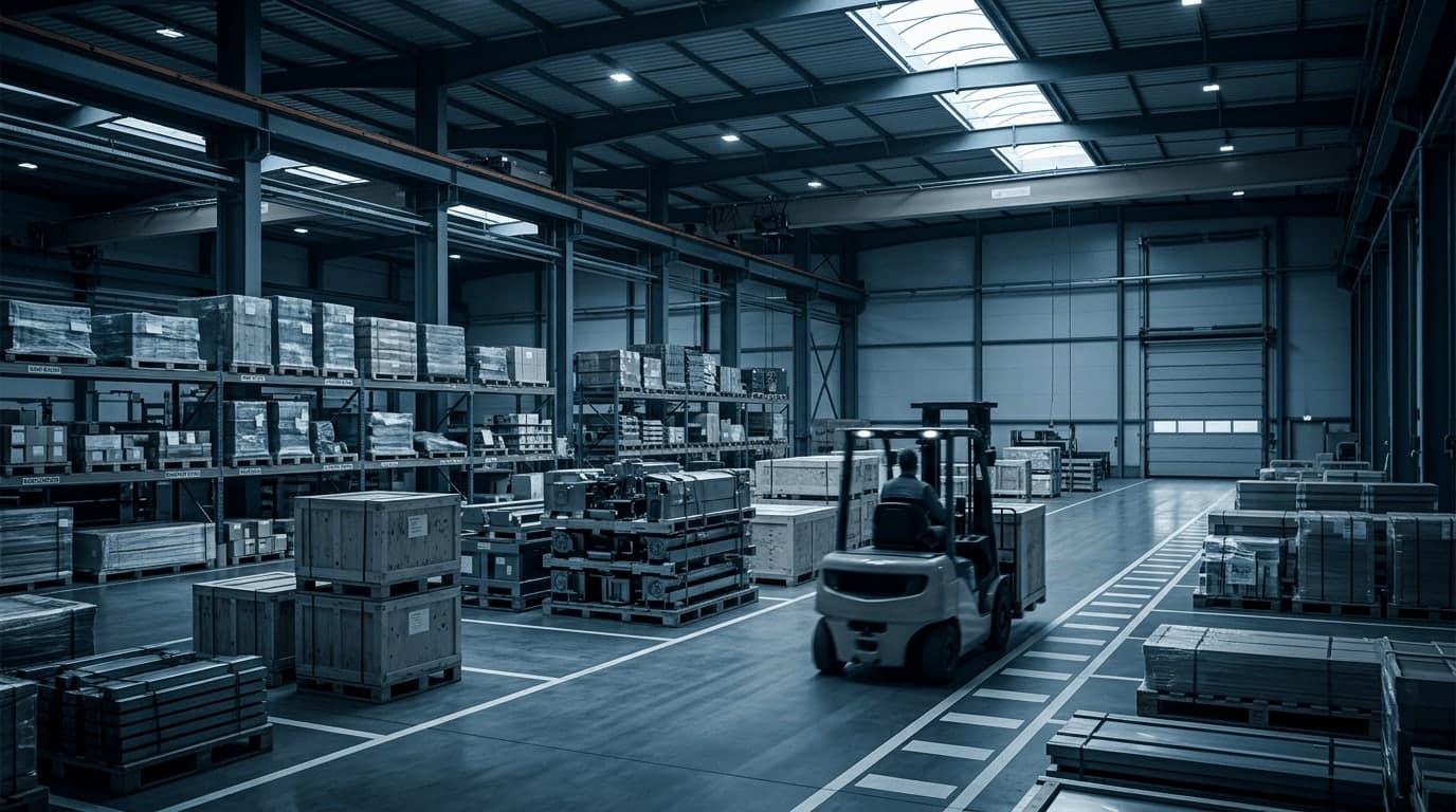 Premium manufacturing warehouse with staged raw materials, industrial components, and controlled forklift movement