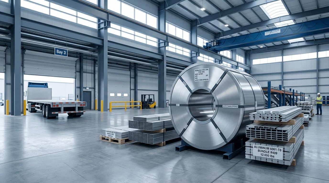 Premium steel and aluminum warehouse environment with staged metal freight