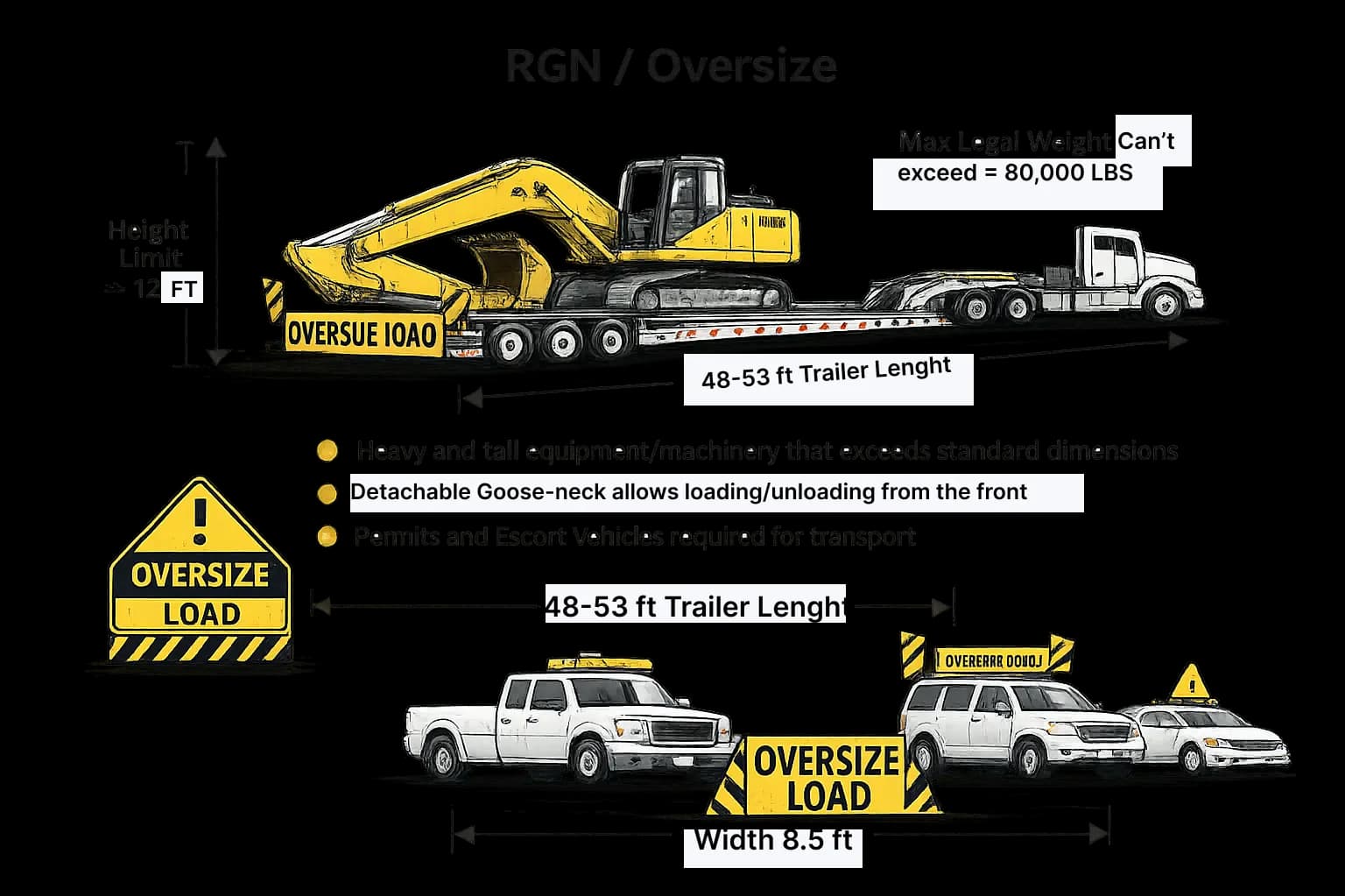 RGN heavy haul equipment diagram with low-deck dimensions and oversized freight guidance